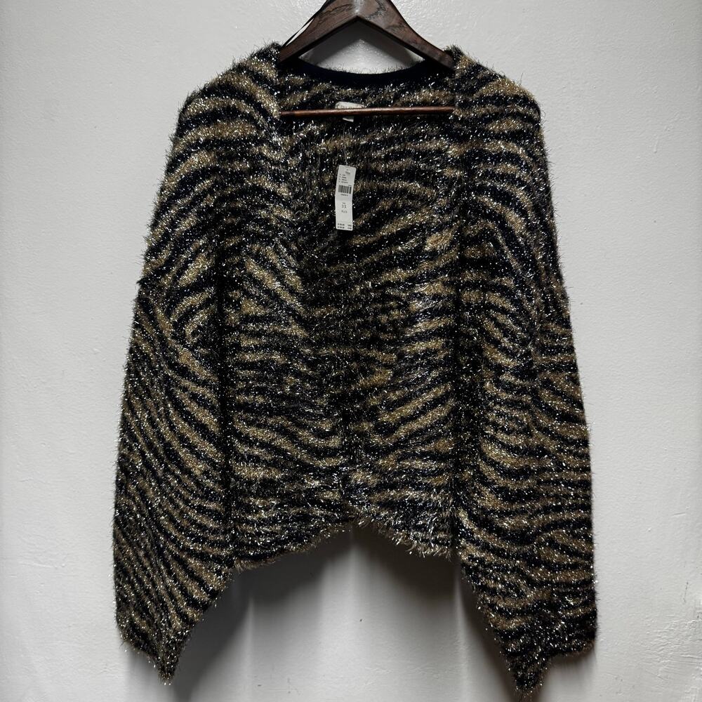 PILCRO 3X Plus Fuzzy Animal Print Sweater Cardigan Metallic Glam Holiday